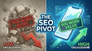 Infographic comparing 3000-word SEO content bloat with low engagement versus 800-word high-value micro-content with high engagement growth.