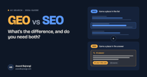 A navy GEO vs SEO graphic contrasts a blue search listing with an amber AI answer citation beneath a 2026 guide headline.
